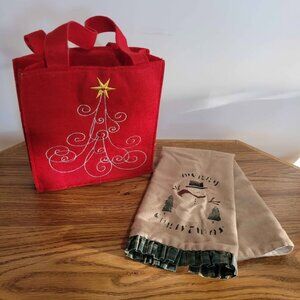Christmas Decorative Primitive Towel & Felt Bag 8x8x3" Holiday Decor Gift Bundle